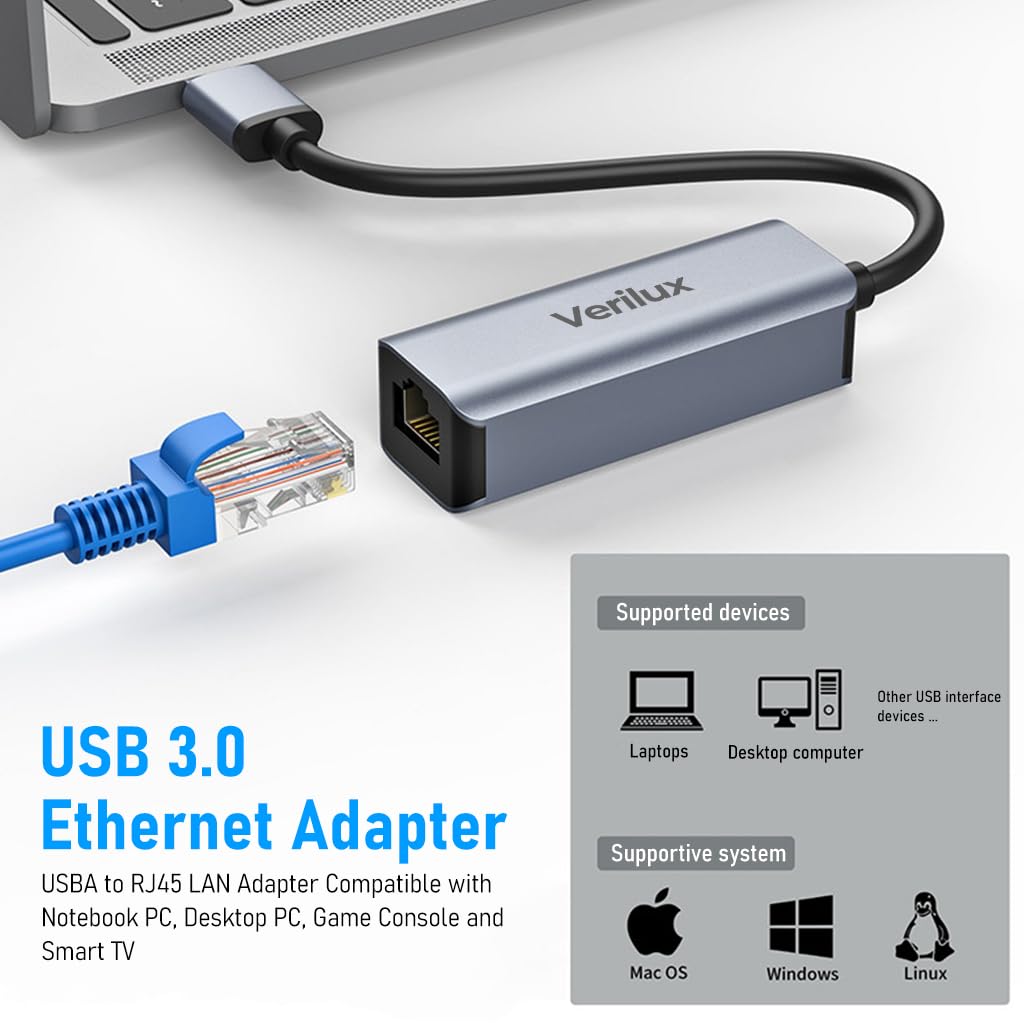 Verilux USB to Ethernet Adapter, USB 3.0 to RJ45 Gigabit Ethernet Adapter, USB A to RJ45 LAN Network Adapter Compatible for Laptops, Desktop Computers, Gaming Consoles, Smart TVs