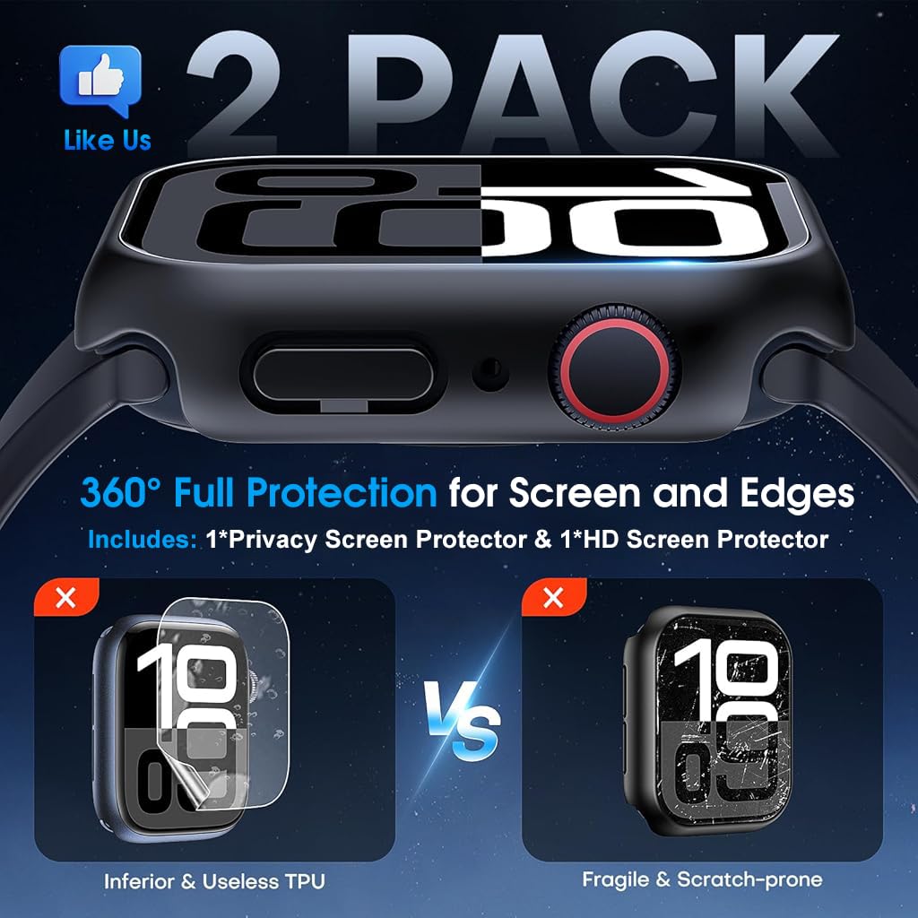 ZORBES 2Pcs Hard PC Screen Protector for A pple Watch S10 46mm with 9H HD Tempered Glass Protector Privacy Screen Protector Snap-on Full Cover Anti-Scratch Protective Cover for iWatch Series 10 46mm