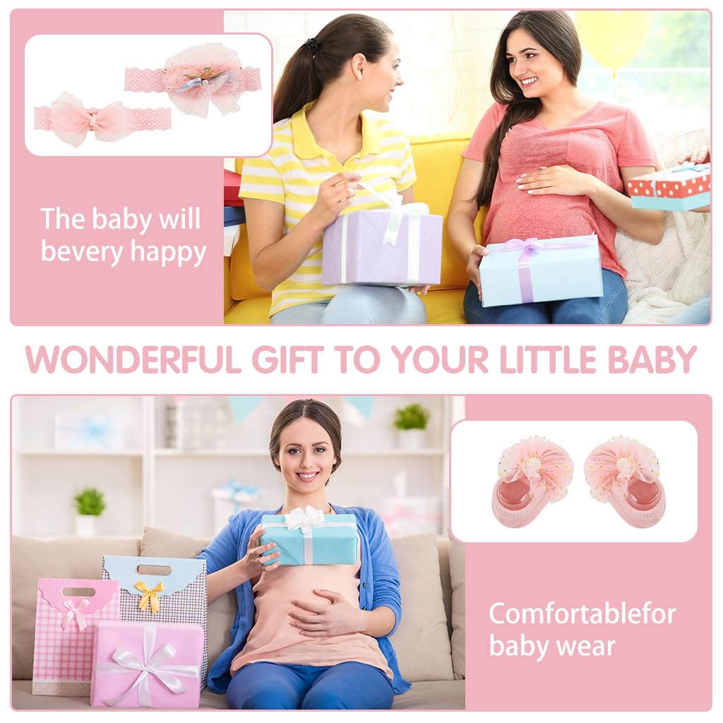 SNOWIE SOFT Baby Girl Shower Gift Set of 3Pcs Girls Crown Headband Lace Bow Headband Baby Girls Footwear Pink Princess Baby Girl Gift for Newborns Milestone Gift for Baby Girls