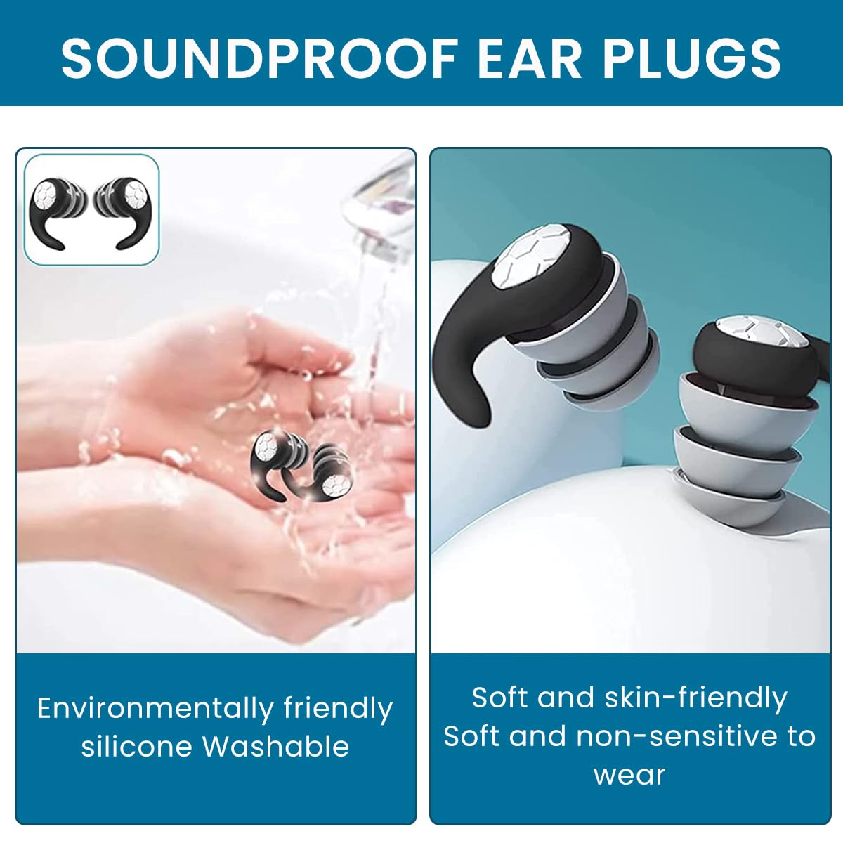 HANNEA 2PCS Ear Plugs for Sleeping, Reusable Silicone Earplugs for Noise Reduction Snoring, Sleeping, Work, Concerts, Studying and Travel