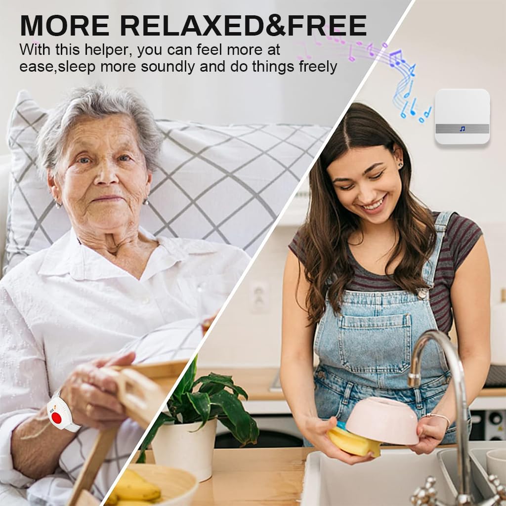 Supvox Pager Wireless Life Alert Systems for Seniors 80 M, (2 Call Buttons + 1 Receiver) Portable Pager Devices Wireless Caregiver 52 Ringtones, Home Travel Panic Buttons with Wrist Band