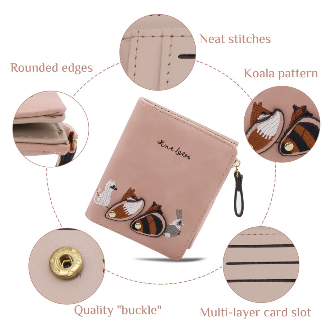 PALAY Wallets for Women Stylish PU Leather Coins Zipper Pocket Cute Mini Animals Embroidery Short Wallet Card Holder Billfold Purse Wallet Gift for Girls (Pink)