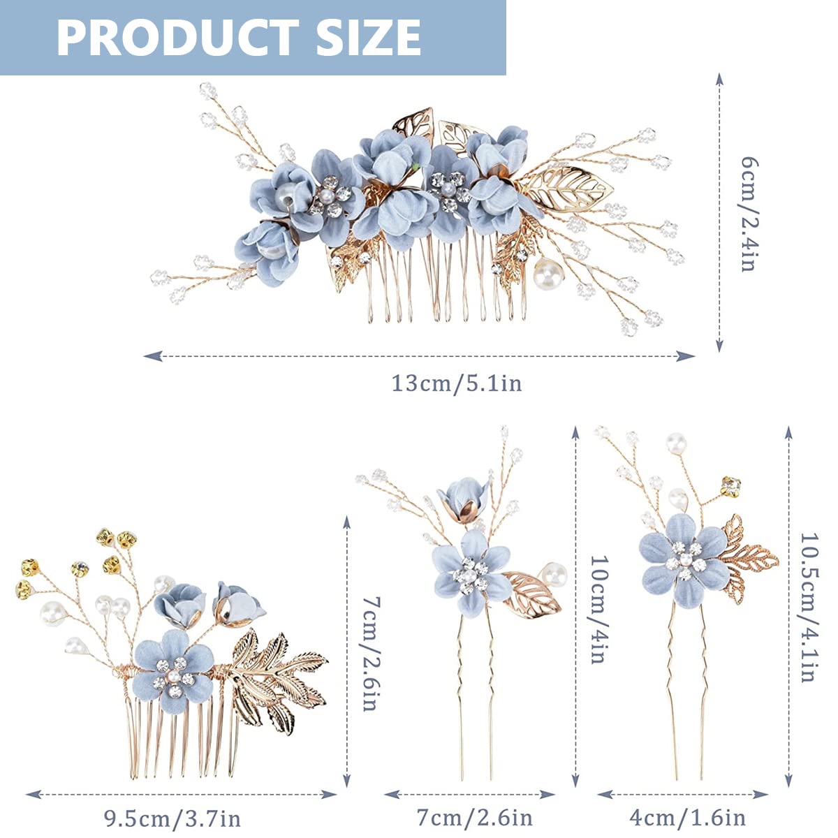 SANNIDHI 4pcs Floral Bridal Hair Accessories for Wedding, Faux Pearl Hair Clips Crystal Hair Side Comb Pins, Handmade Gold Leaf U-shaped Headpiece for Women, Girls, Bride, Bridesmaid, Party, Dating
