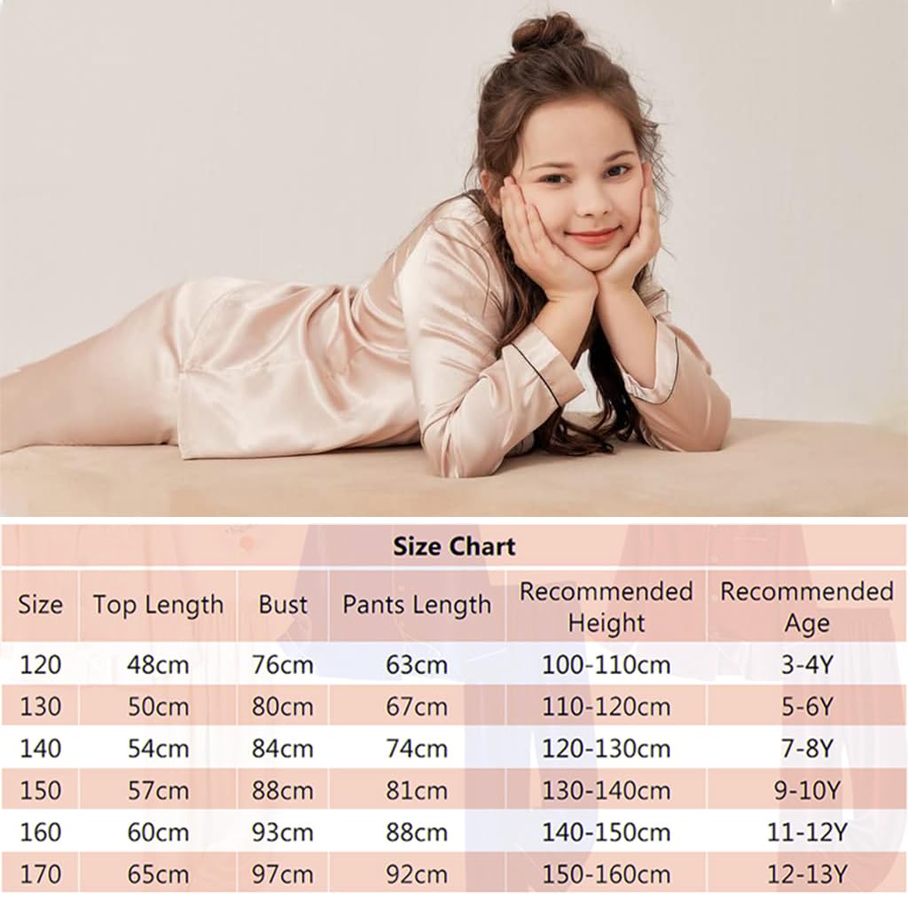 PALAY Girls Satin Pyjamas Sets Girls Boys Long Sleeve Button-Down Pjs Set 2PCs Silky Nightwear Sleepwear for 3-13Years, Champagne - 150