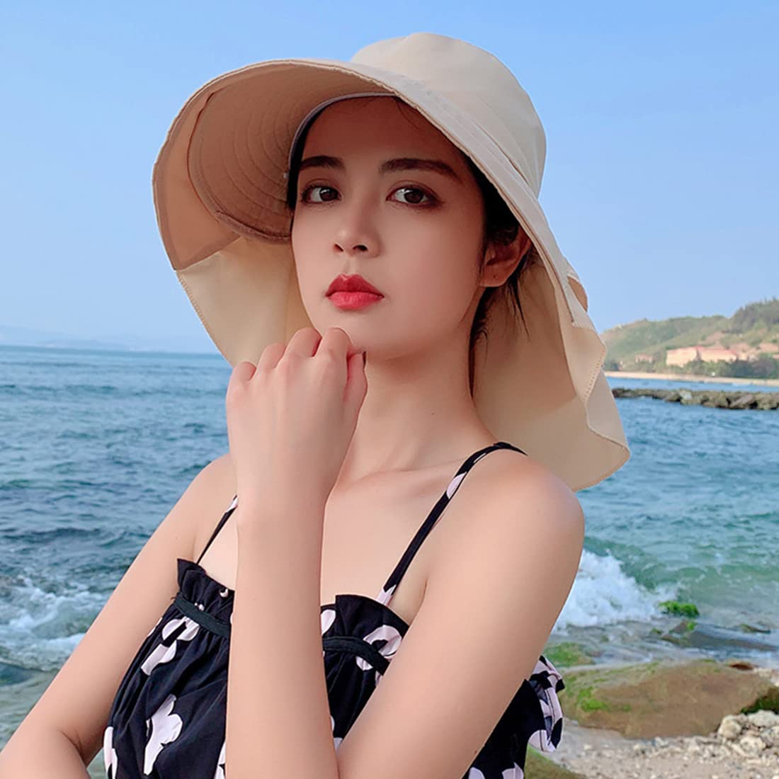 PALAY Fashion Wide Brim Hat for Women UV Protection,Summer Sun Hat with Ponytail Hole Back Neck Flap Cover for Girl Women-Navy Blue