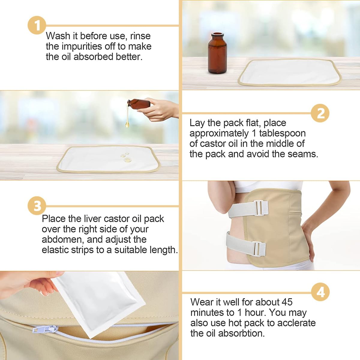 HANNEA 4 Pack Castor Oil Pack Wrap, Reusable Organic Castor Oil Pack Kit Chests Waist and Neck Wrap for Liver Detox, Waist and Neck with Adjustable Elastic Strap Anti Oil Leak, Khaki