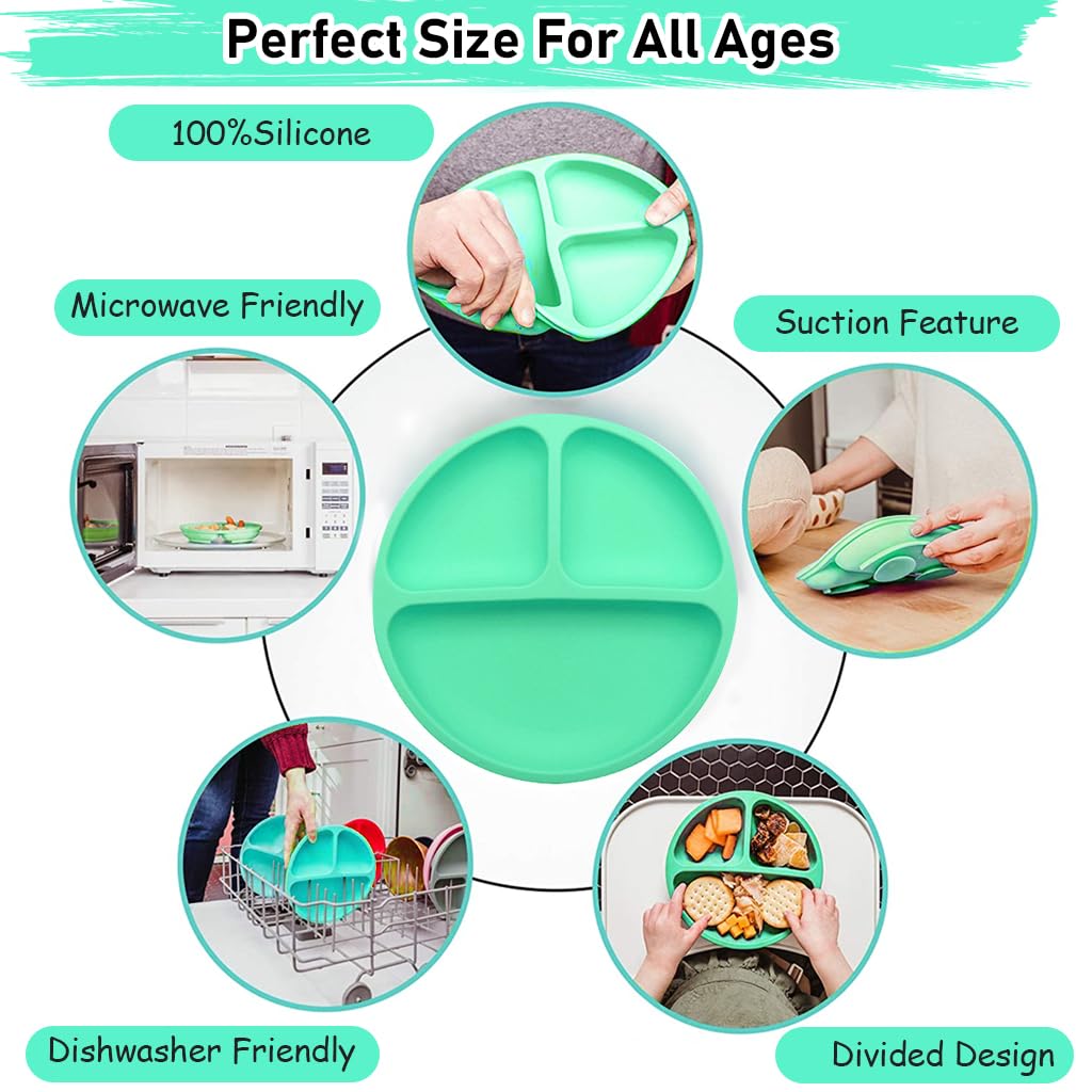 SNOWIE SOFT Baby Suction Plates for Baby Feeding BPA Free Foodgrade Silicone 3-Grid Food Plate for Kids, Young Kids Tableware, Silicone Dinnerware with 4 Suction Cups, Dish Washer Safe (Green)
