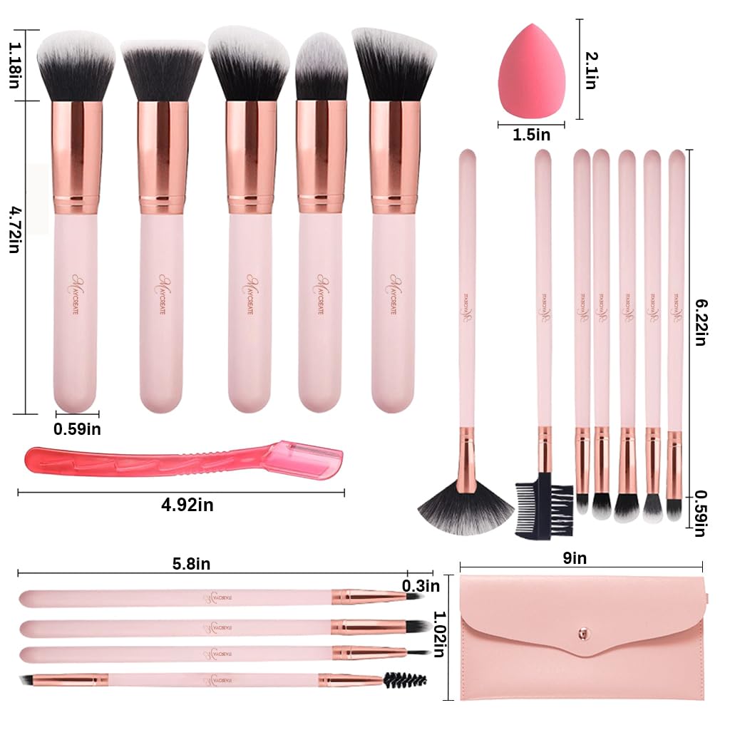 MAYCREATE Makeup Brush Set 16pcs Premium Synthetic for Foundation Powder/Concealers/Eye shadows/Blusher/Highlighter/Contour/Nose Contour/Shading/Lipstick Makeup Brushes for Beginners (Pink)