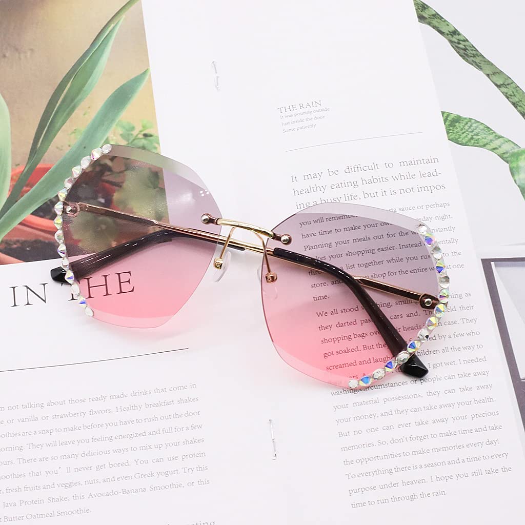PALAY UV400 Protective Sunglasses for Women Stylish with Storage Box Glasses Cloth, Rimless Diamond Cutting Lens Women Sunglasses for Summer Driving Shades for Women(Style 2)