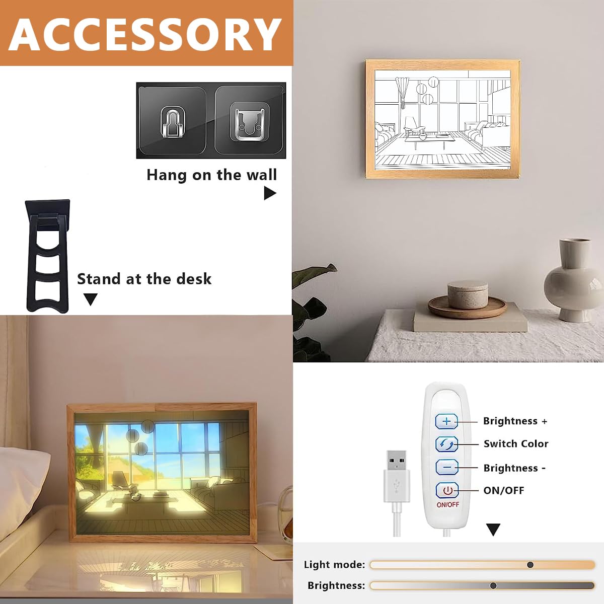 HASTHIP Wooden Framed Art Wall Lighting Painting Decoration, LED Glowing Photo Frame, Adjustable Acrylic Glass Painting Decorative, USB Powered, 3 Lighting Modes, Wall Decor for Home Bedroom (B)