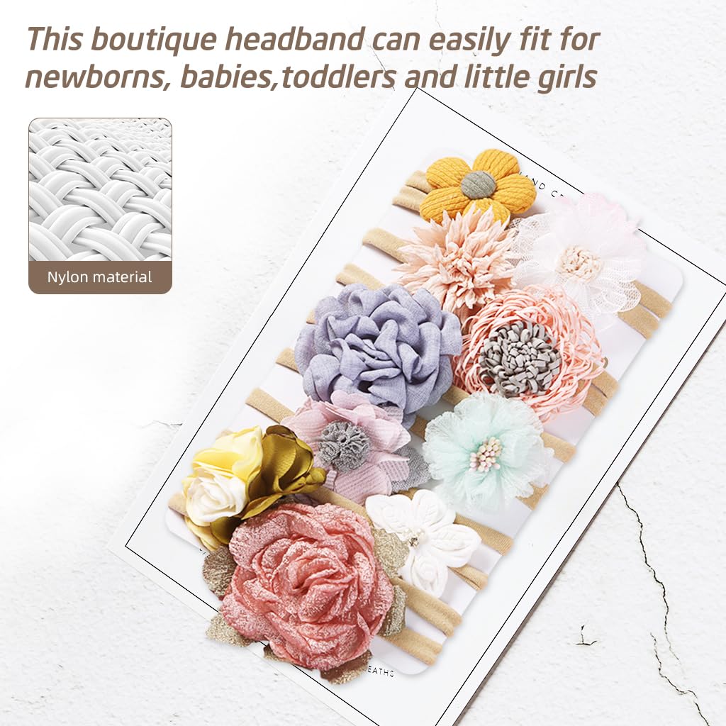 PALAY 10Pcs Flower Headband for Baby Girl Soft Elastic Hair Bands for Babies Handmade Cute Floral New Born Baby Hair Band for Baby Girls Toddler Infant Newborn Shower Gift