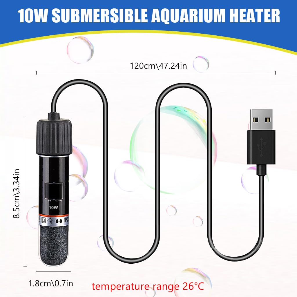 Qpets 10W Submersible Aquarium Heater, 26 °C Constant Temperature USB Plug and Go Electric Aquarium Heater 3.3 inches Small Aquarium Heater for Betta Fish, Guppies, Neon Tetras