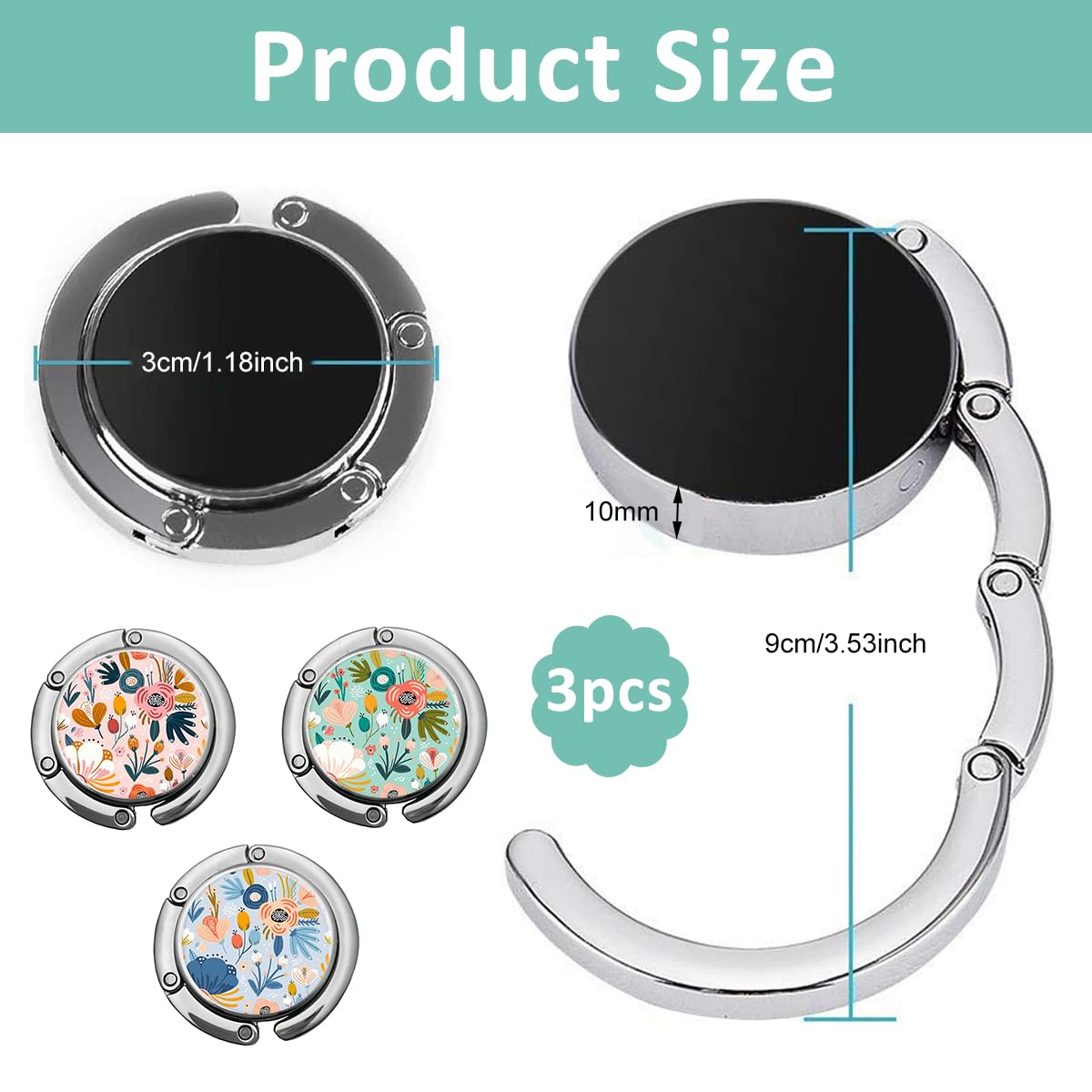 HASTHIP 3Pcs Desk Bag Hanger Pretty Floral Design Metal Bag Hanger Portable Folding Bag Ring Hanger for Table, Office Desk Aluminum Alloy Removable Hooks for Bags, Handbag, Backpack