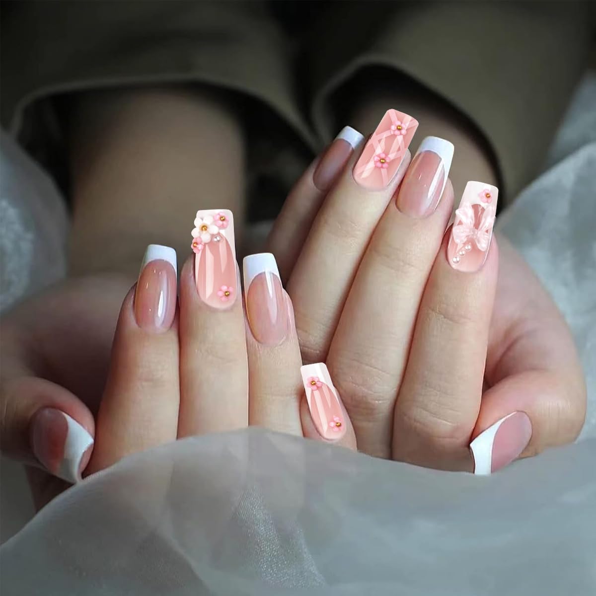 MAYCREATE 24Pcs Press on Nails Medium Long Fake Nails Pink Acrylic French Nails with Designs Glossy 3D Flower Pearl Full Cover False Nail Tips Artificial Nails for Woman Nail Art