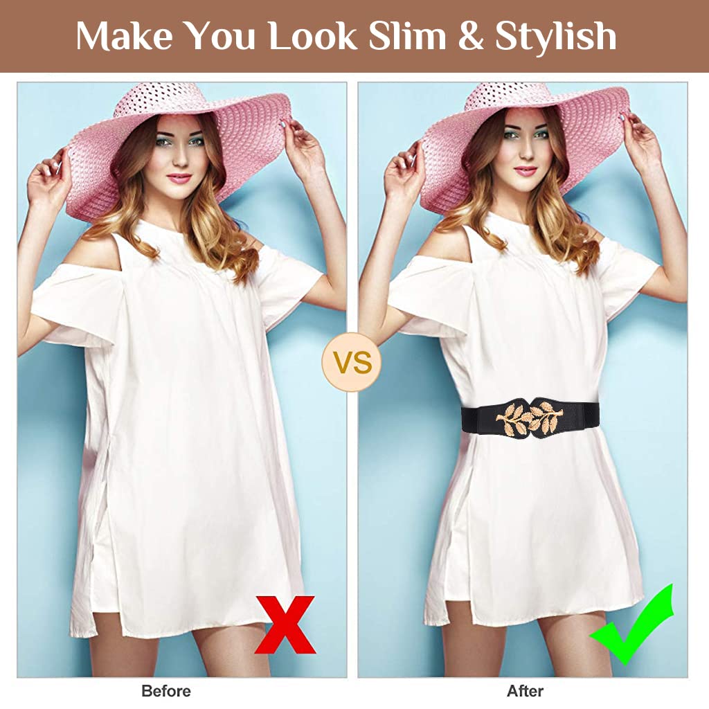 PALAY Fashion Elastic Skinny Belts for Women Girls,Golden Leaf Buckle for Dresses Coat Fashion Elastic Wide Waist -(66-90cm Waist)