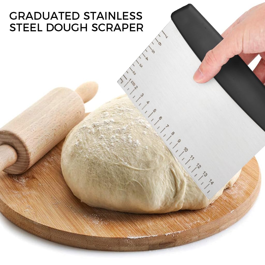 ZIBUYU Bench Scraper Stainless Steel Scraper with Scales PP Handle 6.3 Inches Dough Scraper Multi-Purpose Kitchen Cooking Pastry Scraper Knife Scale, (Black)