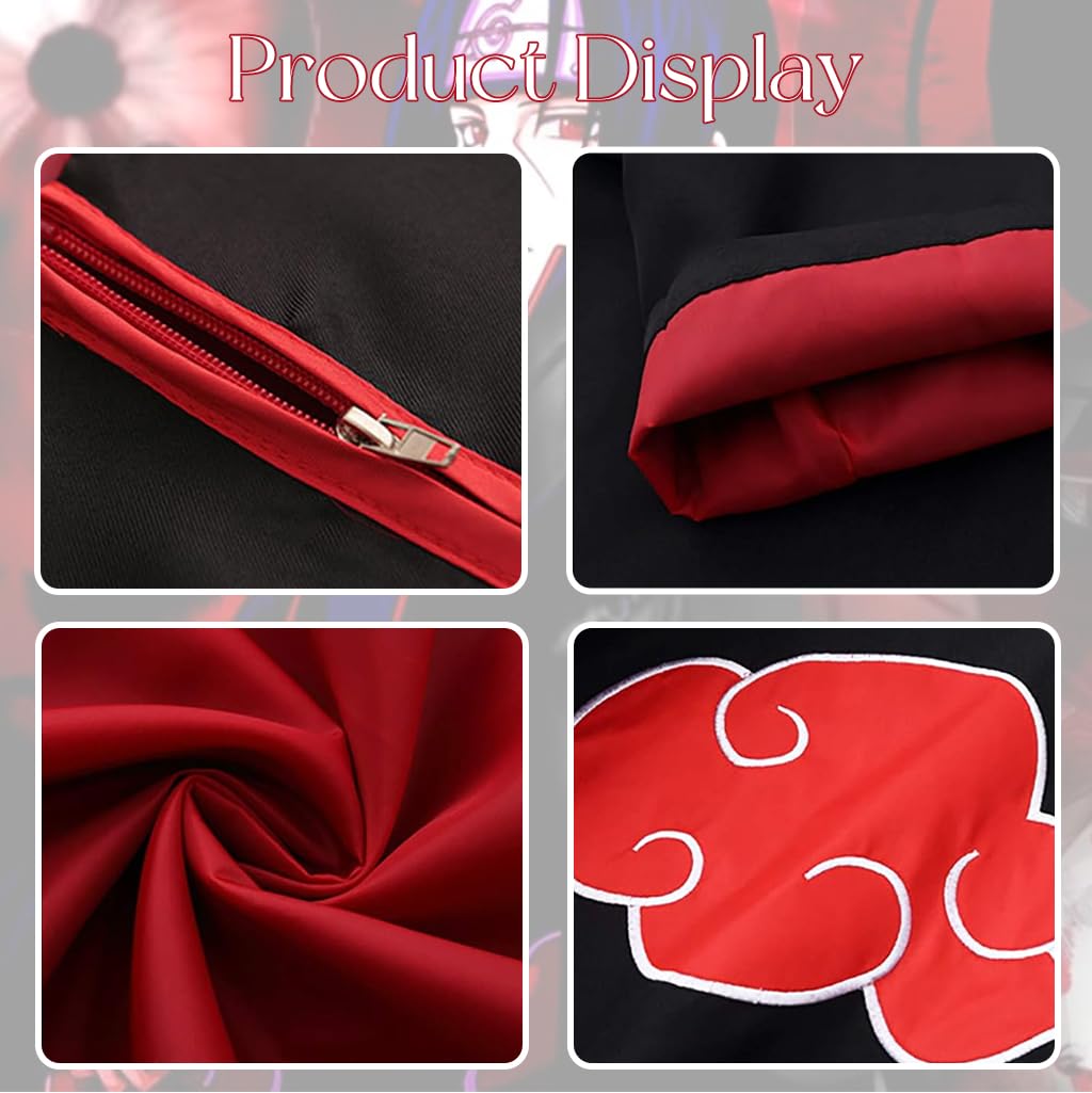 PATPAT Hooded Akatsuki Cloak Itachi Uchiha Cosplay Costume Long Cape Full Set, Anime Cosplay Costume for Men Women Akatsuki Dress for Party Halloween - Size L, Suitable for Height 165-170cm