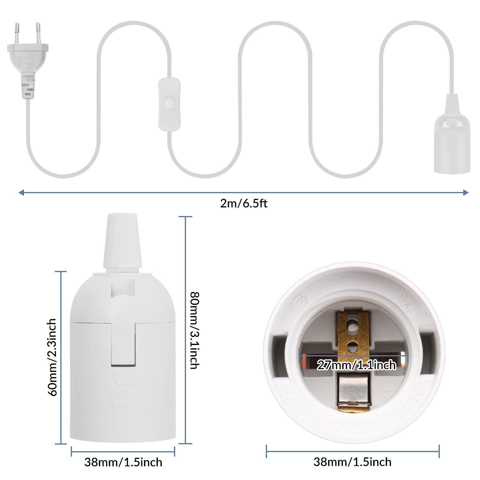 ELEPHANTBOAT E27 Light Bulb Socket 1.8 Meter Switched Cable E27 Bulb Socket Kit with Accessories Cable Plug and Go E27 Socket for Hanging Light, Garage Light, Porch Light, 2 Packs