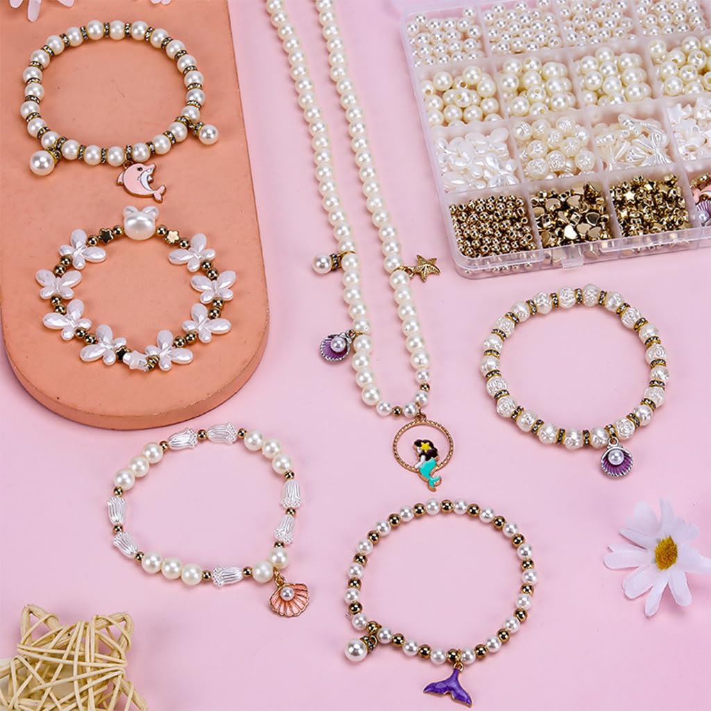 PATPAT 720Pcs DIY Bracelet Necklace Making Beads Kit for Kids and Adults Mermaid Themed DIY Jewelry Making Pearls Beads Spacer Beads Assorted White Beads, Charms, Accessories, With Storage Box