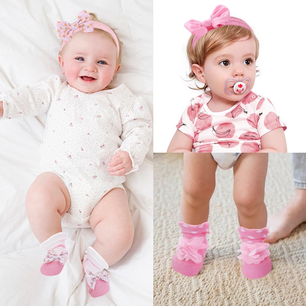 SNOWIE SOFT Baby Socks Set 0 to 12 Months, 2pairs Cute Baby Girl Socks with Bow Headband Breathable Cotton Socks for Girls Striped Dot Socks for Kids Baby Girl 0-12 Months Gift for New Born Baby Girl