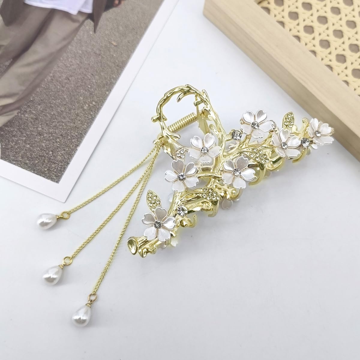 PALAY Big Hair Claw Clips for Women Jasmine Flower Claw Clip for Hair Stylish Tassel Rhinestone Updo Hair Clip French Large Metal Strong Hold Hair Jaw Clips
