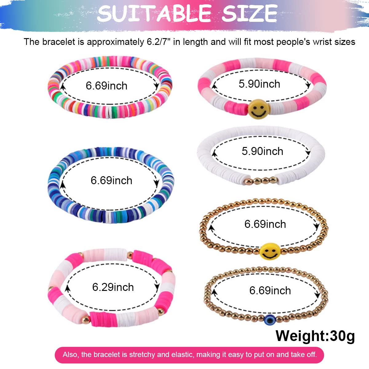 SANNIDHI® 7Pcs Beads Bracelet for Girls Colorful Happy Smile Boho Beaded Bracelets Set Y2K Summer Beach Clay Jewelry for Girls