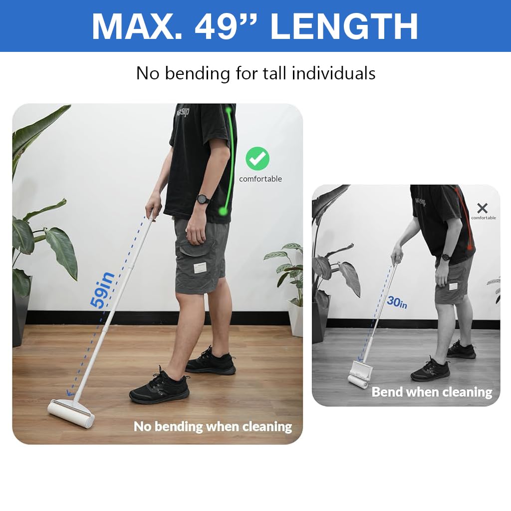 Supvox 49'' Retractable Floor Lint Roller with 180 Sticky Papers, Large Lint Rollers for Carpet, Long Handle Sticky Mop, 9.5