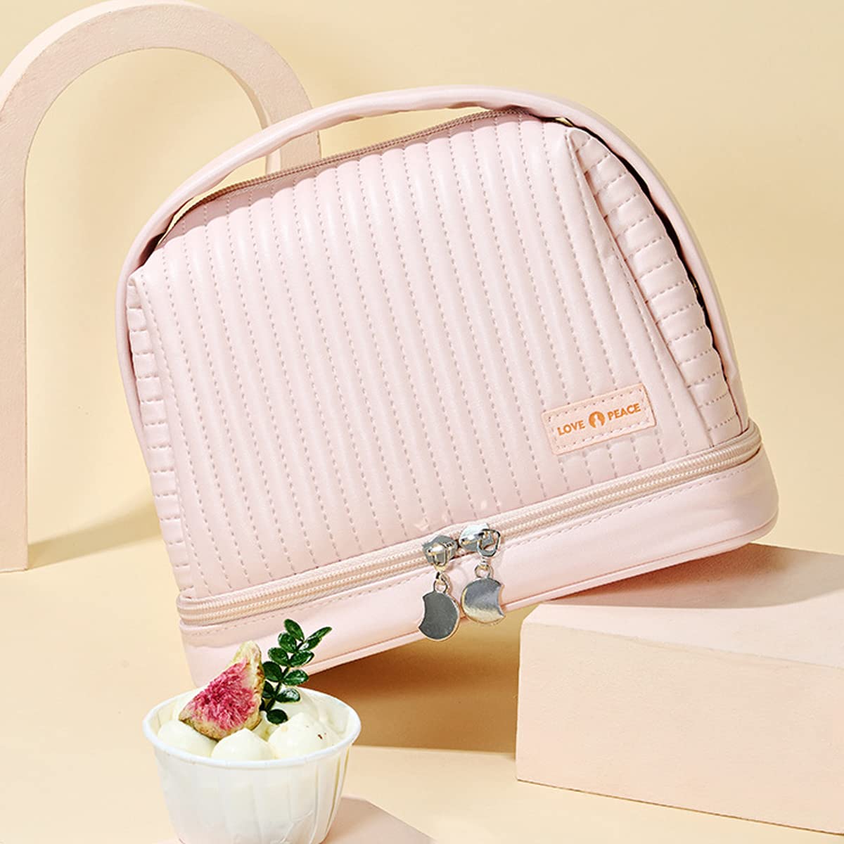 MAYCREATE Makeup Bag, Large Capacity Travel Cosmetic Bag, PU Leather Waterproof Cosmetic Bag, Women Portable Travel Makeup Bag With Handle Makeup Organizer Bag for women and girls, Pink