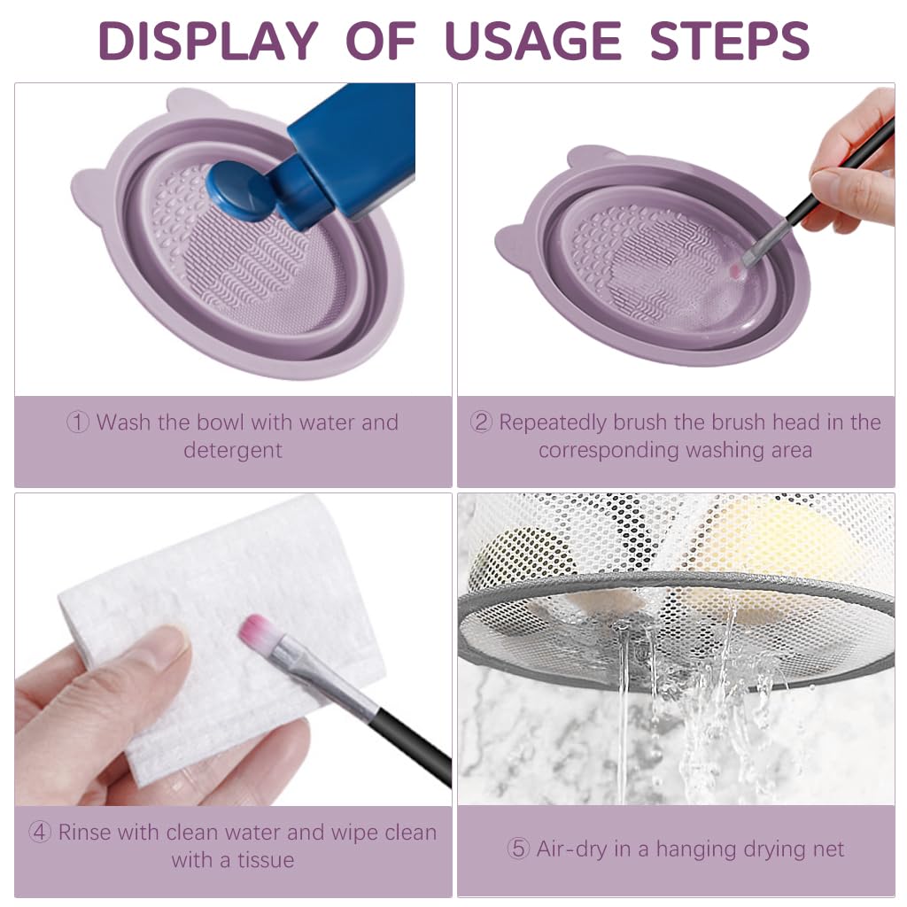 MAYCREATE Makeup Brush Cleaner Mat & Hanging Drying Net, Silicone Makeup Brush Cleaning Mat Tool and Dryer, Foldable Brushes Wash Bowl for Makeup Brushes, Blender Sponges