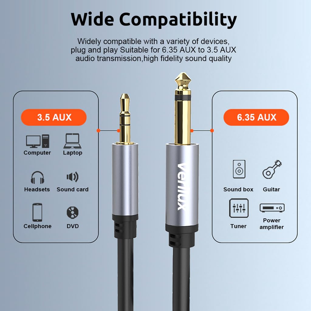 Verilux 6.35mm to 3.5mm Stereo Audio Cable, 10Ft 1/4