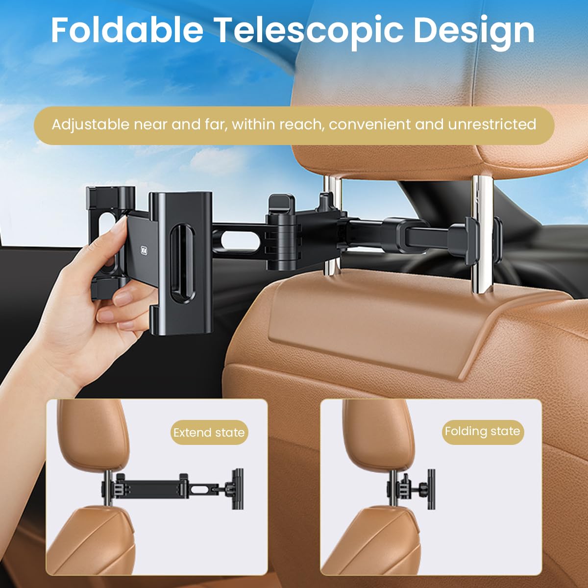 ZORBES Car Tablet Holder, 360° Rotation Headrest Mounted Mobile Ipad Holder, Retractable Tab Holder Clip On for Car Tablet Holder Tablet Bracket for 5-11 Inches Phone or Tablet