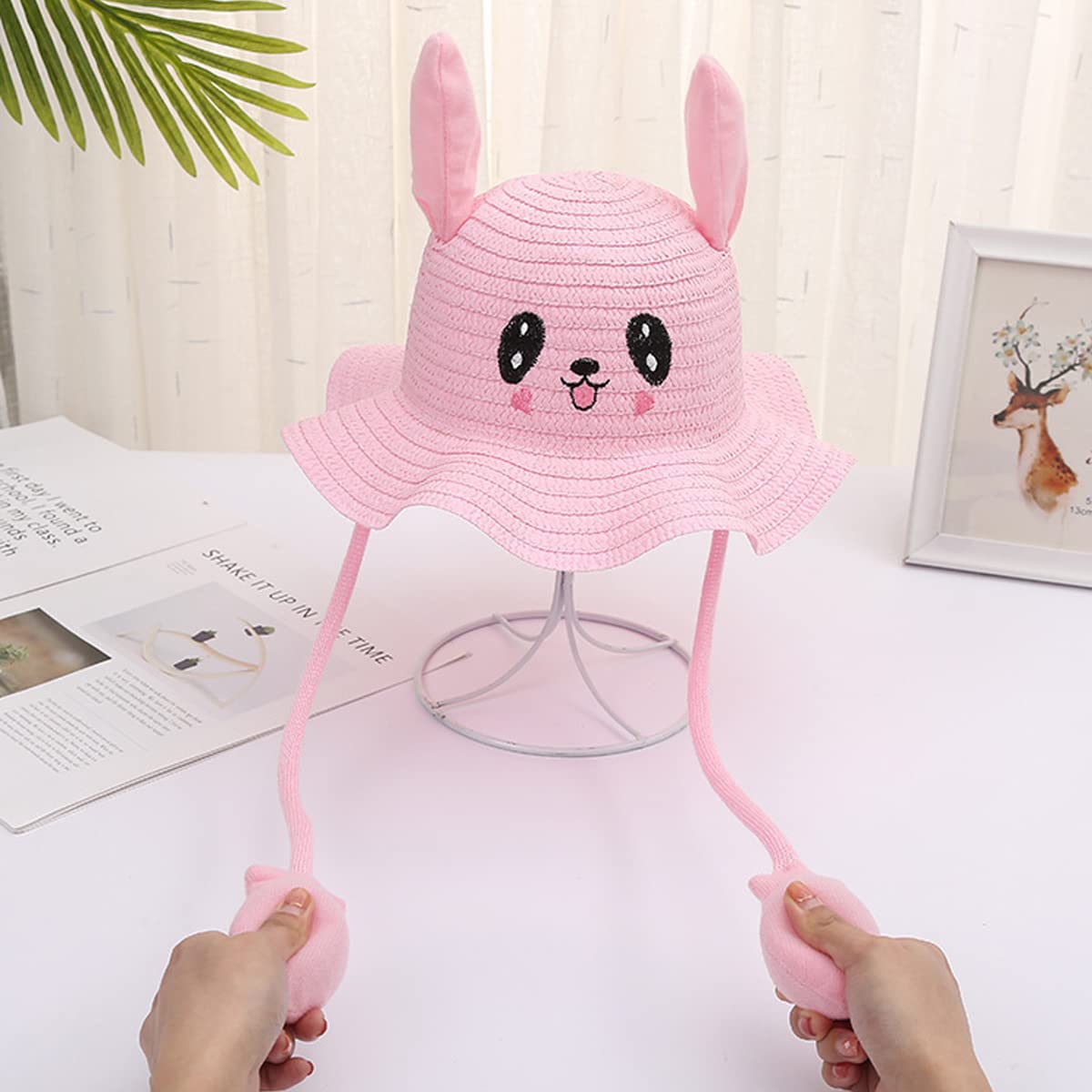 PATPAT Bunny Caps with Moving Ears, Straw Sun Hats for Women, Rabbit Moving Ear Flaps and Press Paws, Breathable Wide Brim Summer Beach Hat for Travel & Outdoor Activities, Bucket Hat for Girls Adult