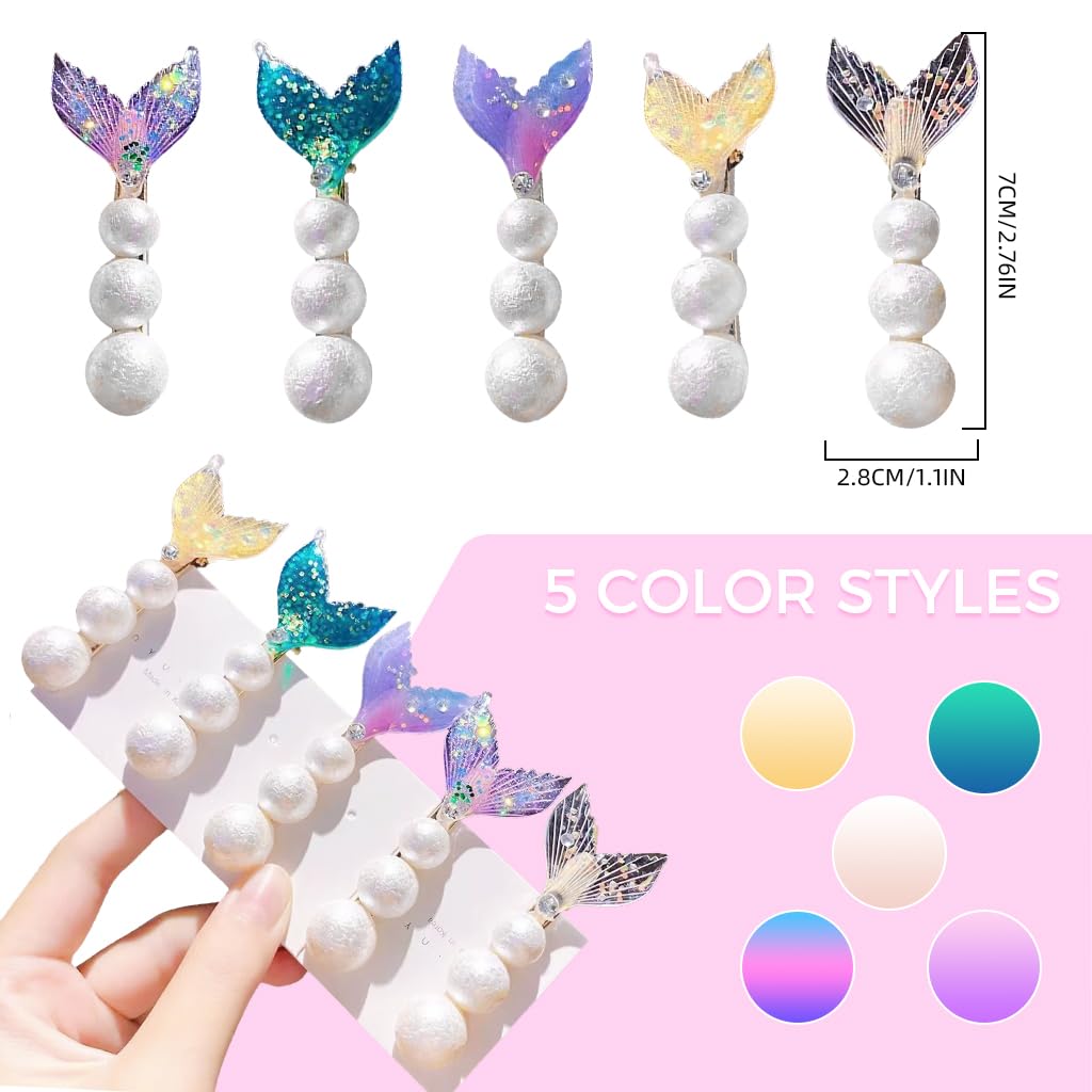 PATPAT Korean Hair Clips For Women, 5pcs Mermaid Tail Hair Accessories For Women Sparkling Pearls Hair Accessories For Girls Fashion Temperament Hair Clips Cute Bangs Hair Pins Fresh Sweet Hair Clip