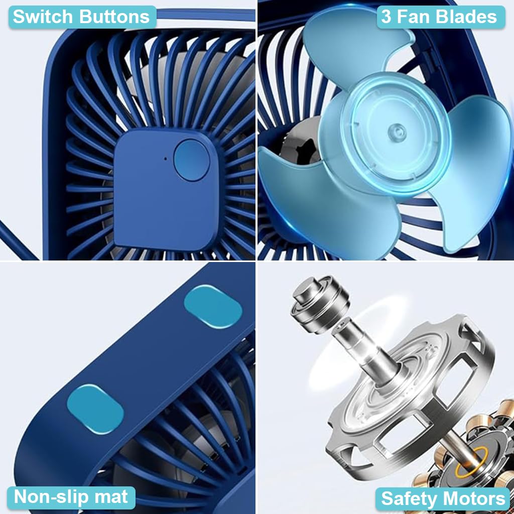 HASTHIP 4.8'' USB Fan, Mini Desk Fan, 3 Speeds and 360° Rotating Head Mini Portable Personal Table Fan for Home Office, Bedroom, Table and Desktop, Ideal for Summer Comfort (Blue)