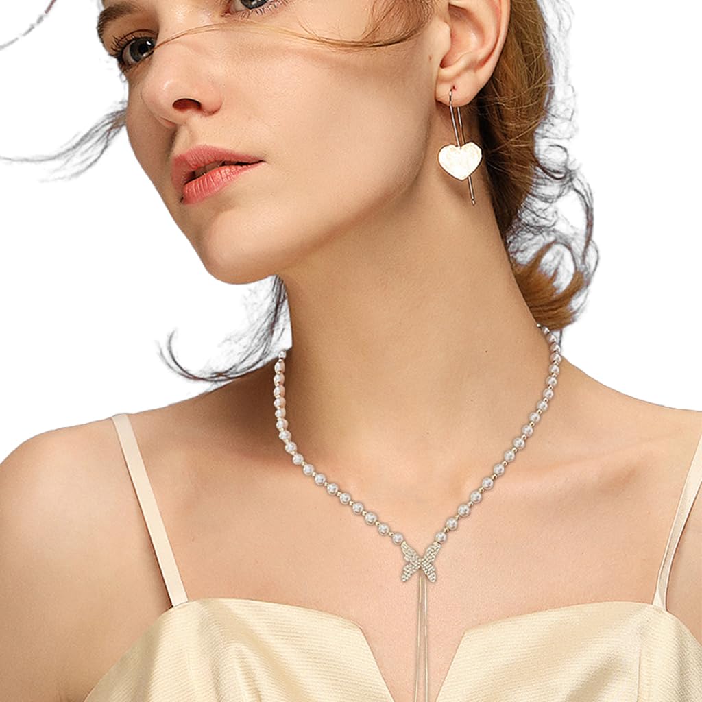 SANNIDHI Pearl Necklace for Women and Girls Clavicle Butterfly Necklace Stylish Trendy Adjustable Butterfly Pendant for Women Girls Simple Gold Plated Butterfly Necklaces Jewellery Gift for Women
