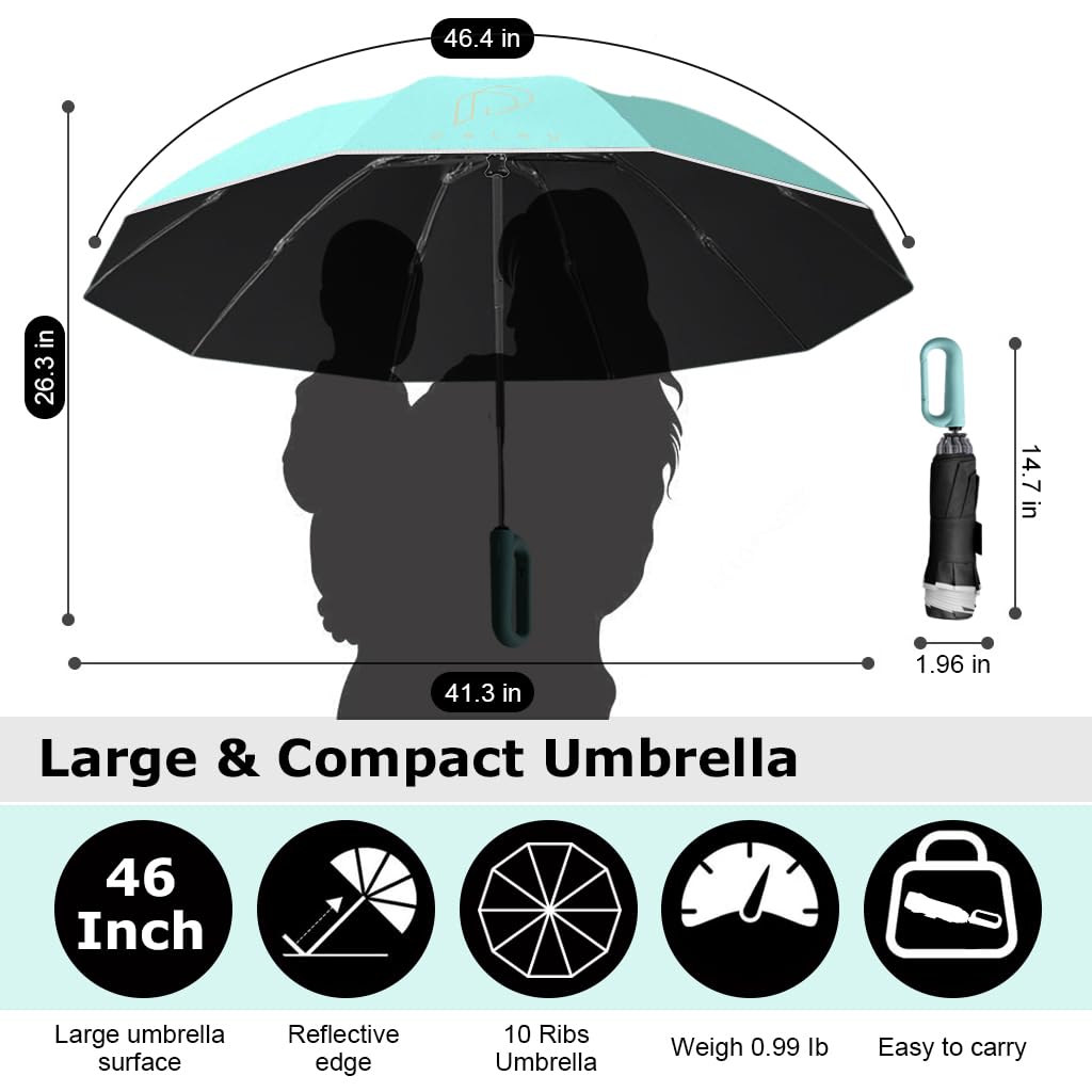 PALAY Large Umbrella for Men Women with Reflective Strap, 50'' Automatic Open/Close Windproof Travel Folding Umbrella, Reinforced 10 Dual Ribs, 99 UV Protection Umbrella with Carabiner Handle Design