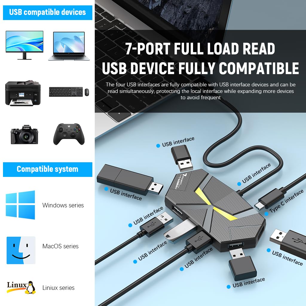 Verilux 7 USB Ports Colourful Ambient Light USB HUB Multi-Port Adapter USB 2.0