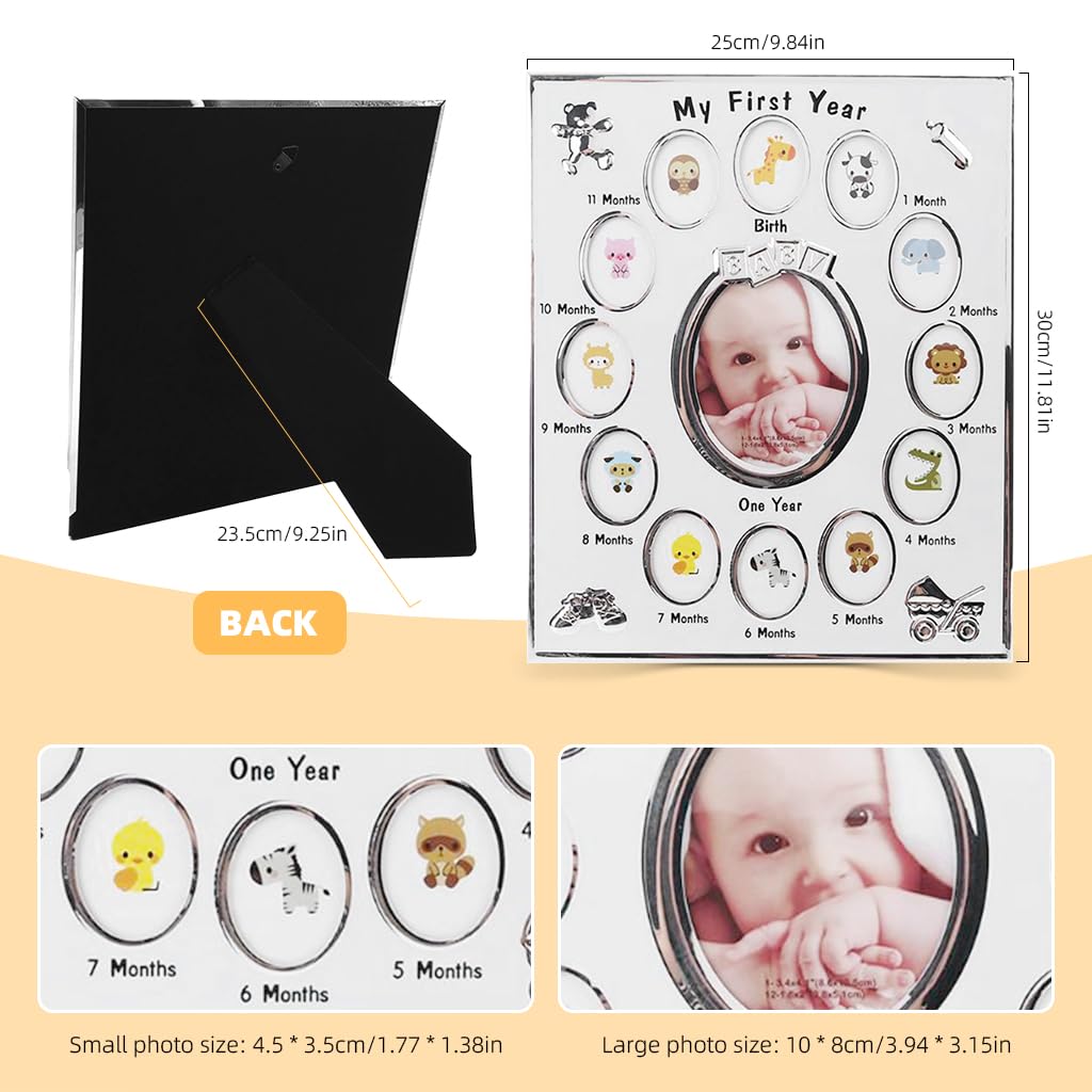 SNOWIE SOFT Baby Milestone Photo Frame First Year Milestone Picture Frame, Baby's First Twelve Months Photo Safekeeper Photo Frame, Ideal for Baby Shower, New Born Gift, Silver, 23x28cm