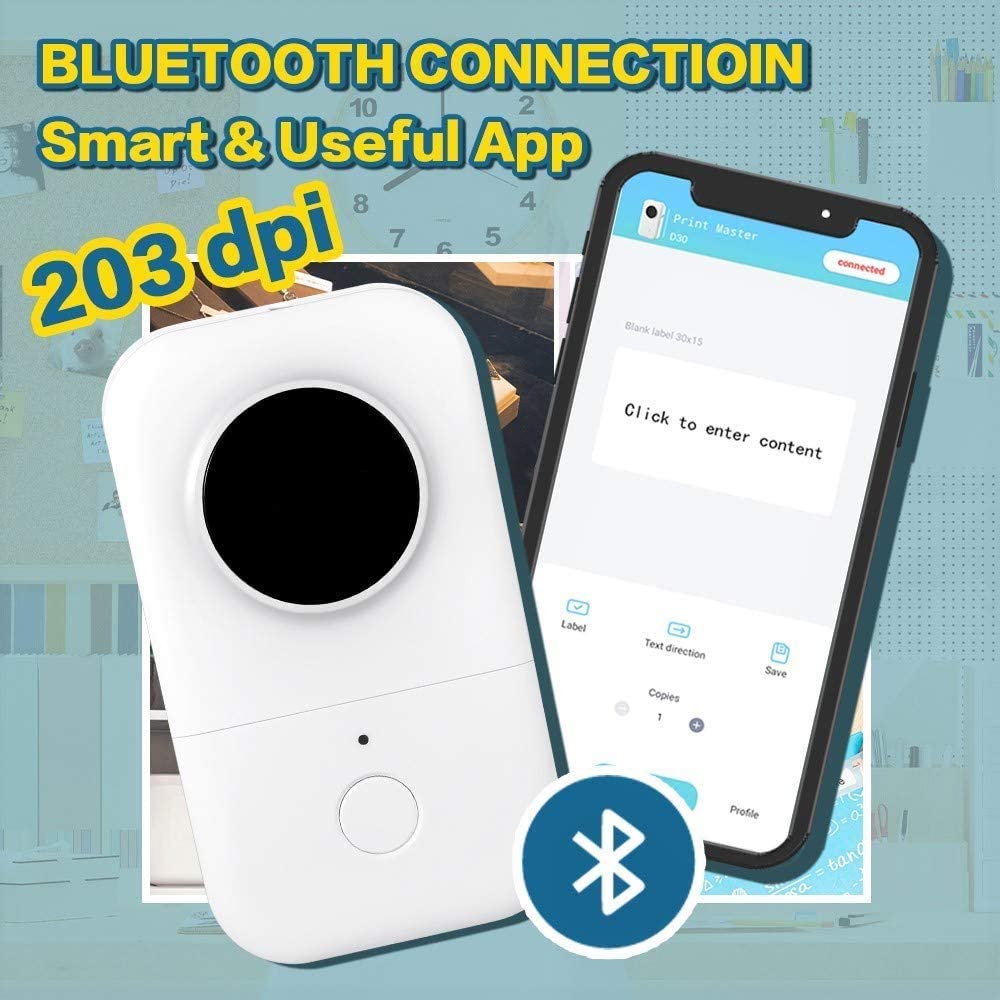 HASTHIP D30 Label Maker,Sticker Maker Machine with One Tape Inkless Small Bluetooth Label Printer for iOS and Android Thermal Inkless Printer for Home Office-White