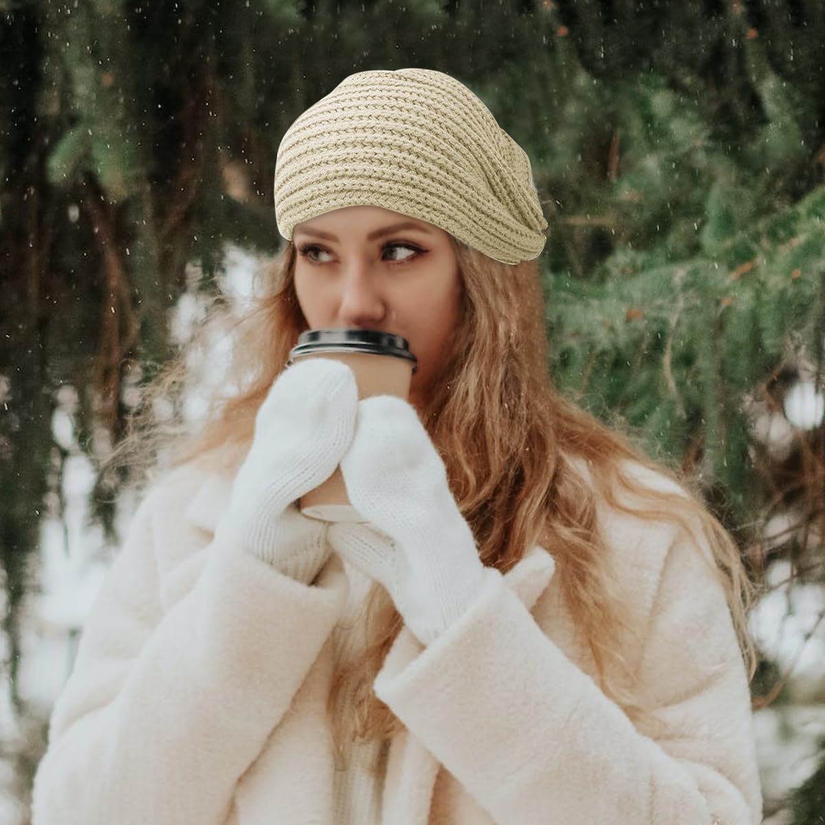 PALAY Turban Cap Winter Cap for Women Woolen Cap for Women Winter Warm Caps Fashion Knitting Hat Stretchy Knitting Couple Cap Crochet Cap Gift Winter Clothes for Women (Beige)