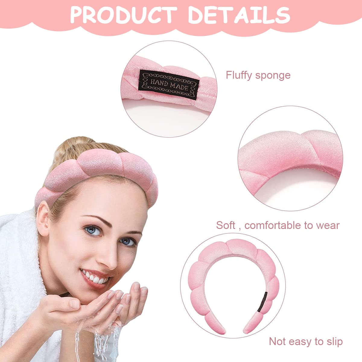 MAYCREATE Spa Headband for Women Girls, Soft Sponge Makeup Headband, Fashion Clouds Hairband Non Slip Hair Hoop Headwear for Washing Face, Shower, Skincare - Pink