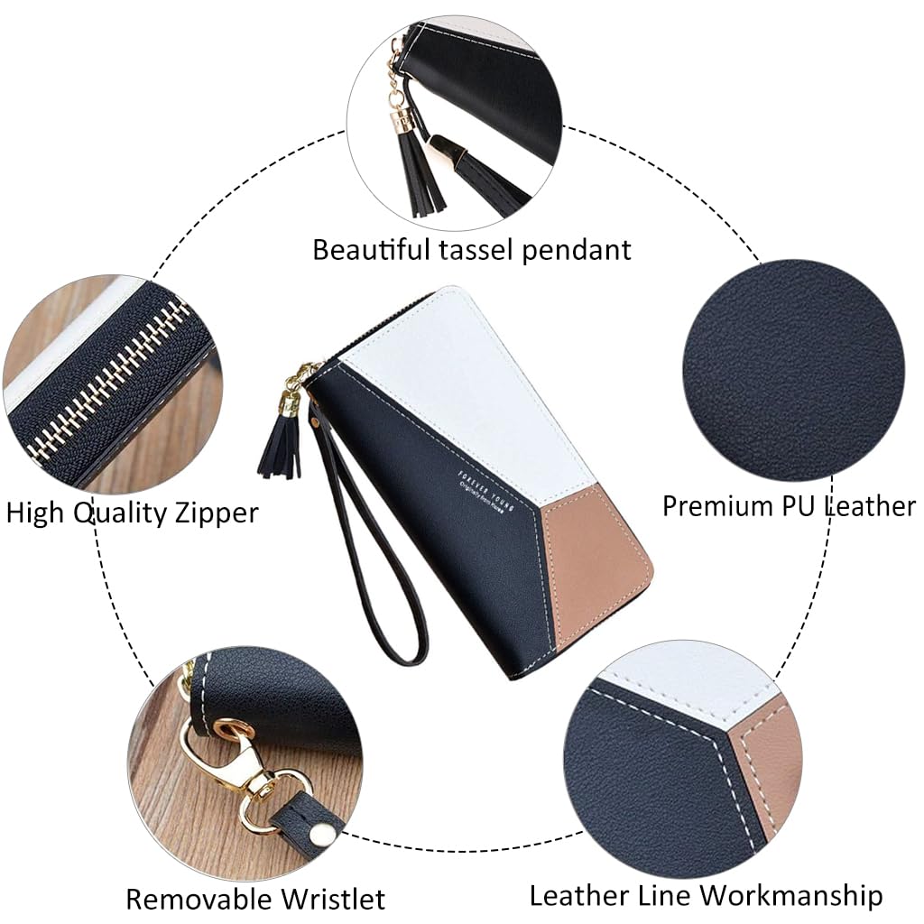 SANNIDHI Women's Long Wallet Tassel PU Leather Multi- Slots Girls Zipper Coin Large Purse Wallet for Women (Black)
