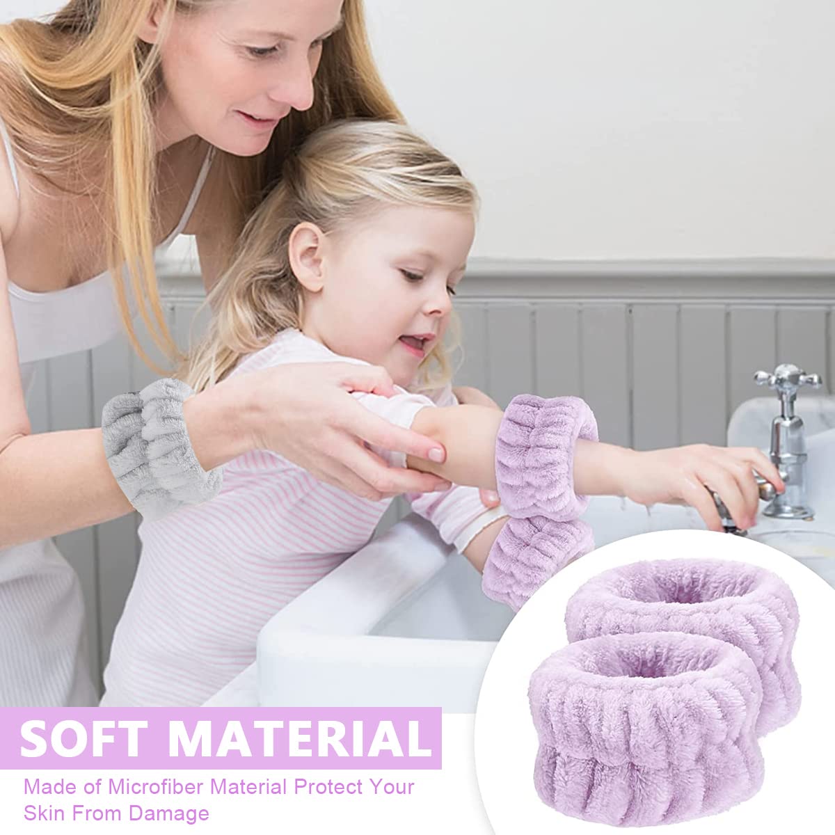 MAYCREATE 2 Pairs Spa Wrist Band for Women Face Wash Wristband Super Absorbent Facial Wrist Wash Band Towel Sweat Wrist Band for Girls Face Washing, Yoga, Fitness (Purple+ Gray)
