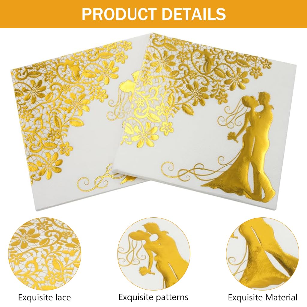 PATPAT 20Pcs Wedding Tissue Papers 12.9 inches Golden Embossing Couple Illustration Tissue Papers Wedding Table Setting Tissue Papers Romantic Tissue Paper Nature Wood Pulp Tissue Papers