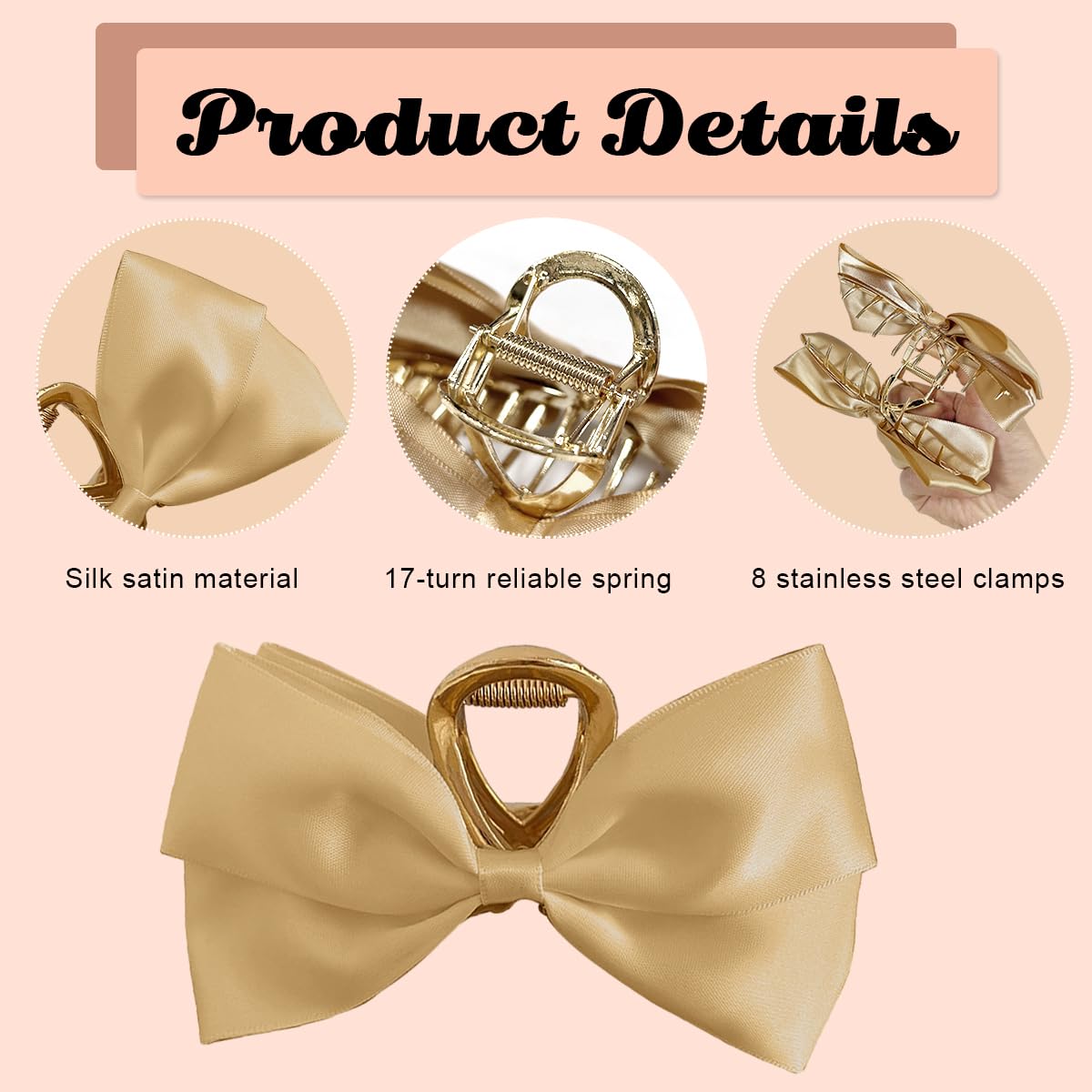 PALAY Large Bow Hair Claw Clips for Women Metal Hair Bow Claw Clip for Medium Thick Hair, Non-slip Strong Hold Golden Big Hair Clamp - Casual & Formal Wear