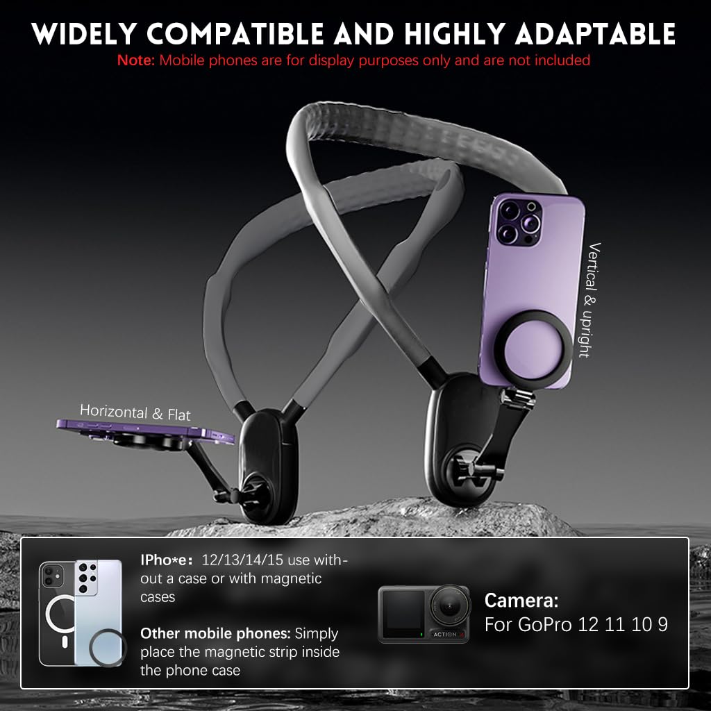 HASTHIP Neck Phone Holder Cell Phone Mount, Hand Free POV/Vlog Flexible Phone Neck Holder Around Chest Stand Video Recording Fit for 15 14 13 12 Pro Max Plu