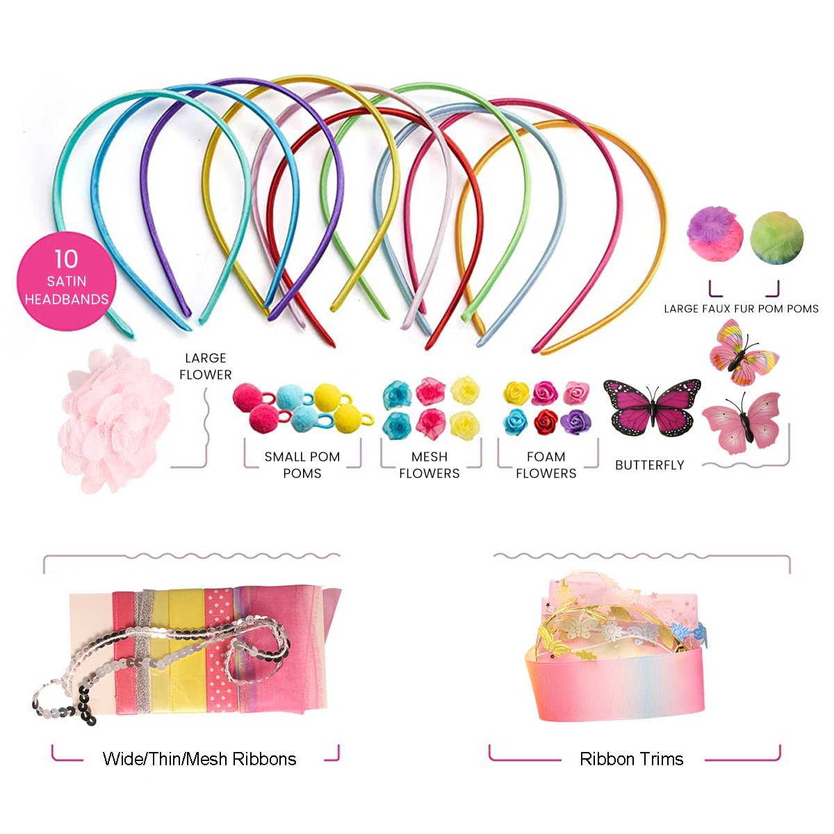 PATPAT DIY Headband Making Kit for Girls, Create Your Own Headbands, Includes 10 Headbands with Assorted Accessories and Charms, Fashion Fun Arts & Crafts Toy Gift for Girls Ages 5-12