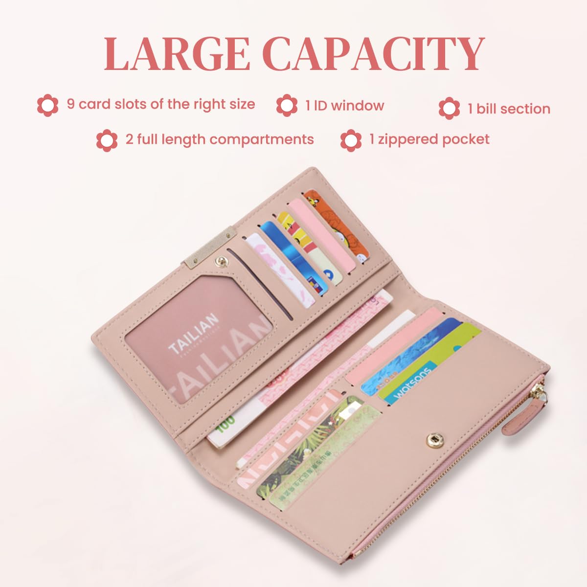 PALAY Wallet For Women Sleek Pink Women Purse Card Holder Card Bag Bifold Long Purse with Zipper Pouch Gift for Women Mother's Day Gift