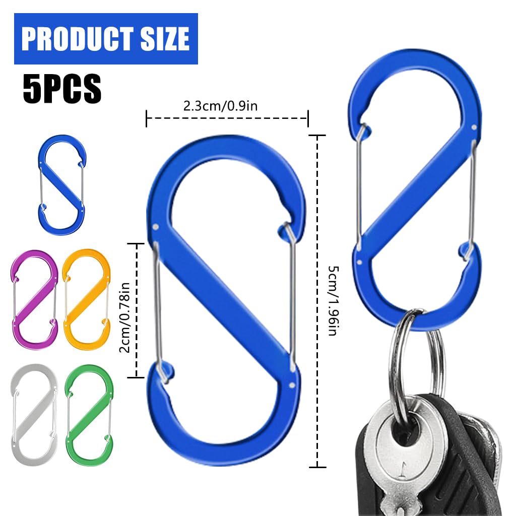 Proberos 5Pcs Carabiners Dual Hook, Premium Aluminum D-Ring Locking Carabiners Lightweight & Durable, Hooks Keychain - Hook Keyring (Multi-color)