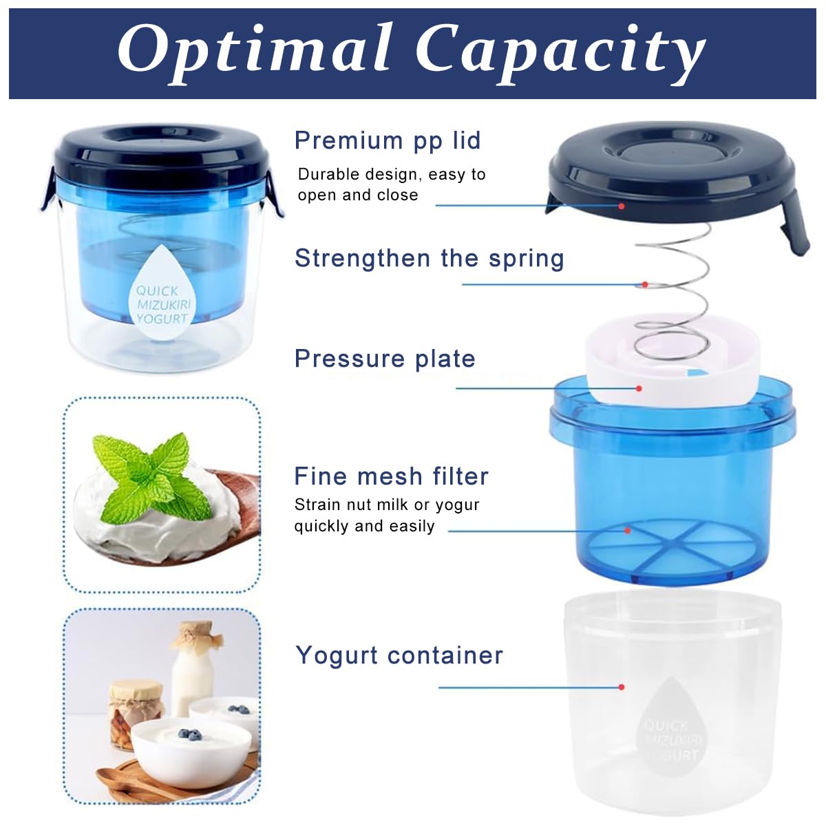 HASTHIP Yogurt Strainer, Yogurt Maker Strainer Cheese Maker Spring-Loaded Yogurt Press BPA Free Reusable Yogurt Strainer Greek Yogurt Strainer Home Made Yogurt Strainer